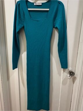Zara Teal Ribbed Long Sleeve Square Neck Midi Dress